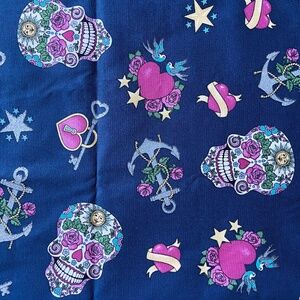 Tattoo Sugar Skull Heart Anchor Navy Blue Cotton Fabric Traditions 2 yds x 44"